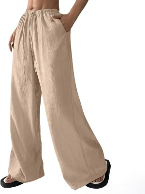 Summer Casual Pants for Women Linen Lightweight Wide Leg Elastic Waist Palazzo Pants Trendy Straight Outfit with Pockets