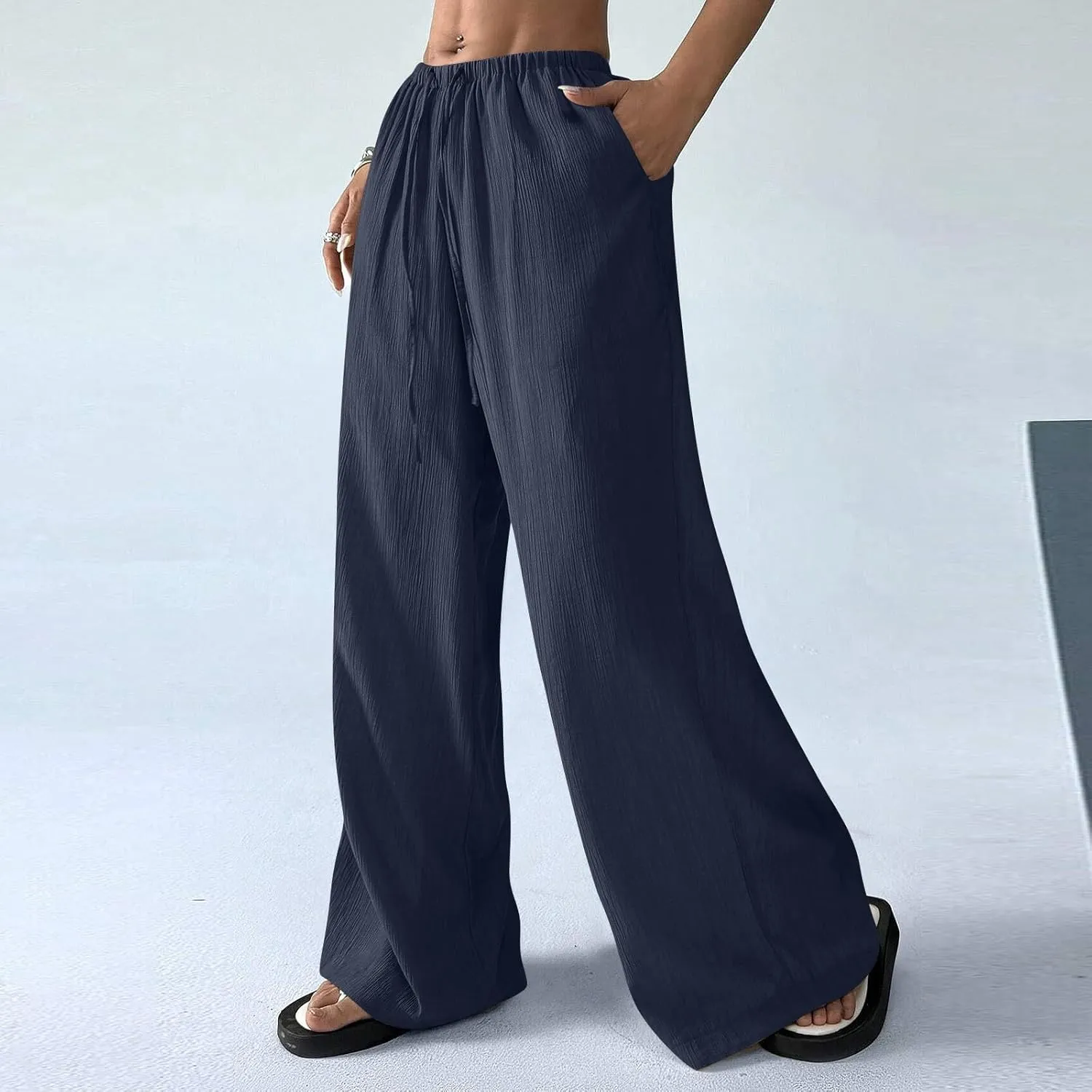 Summer Casual Pants for Women Linen Lightweight Wide Leg Elastic Waist Palazzo Pants Trendy Straight Outfit with Pockets