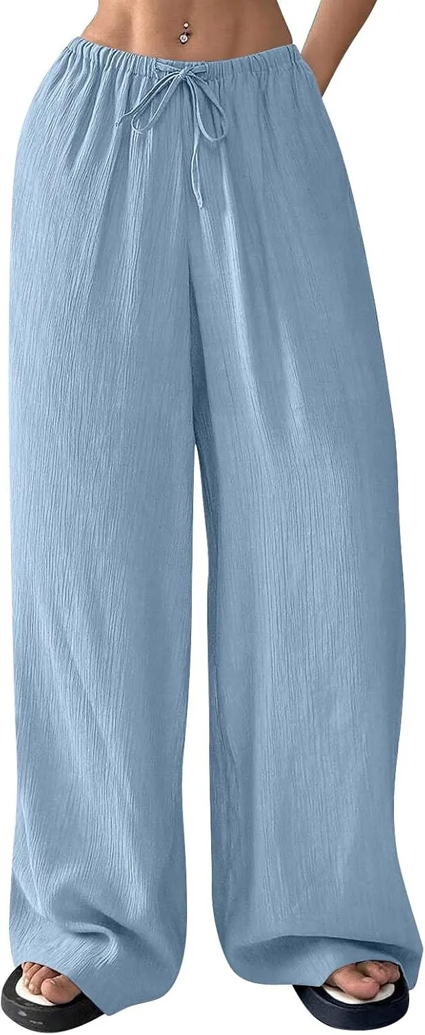 Summer Casual Pants for Women Linen Lightweight Wide Leg Elastic Waist Palazzo Pants Trendy Straight Outfit with Pockets
