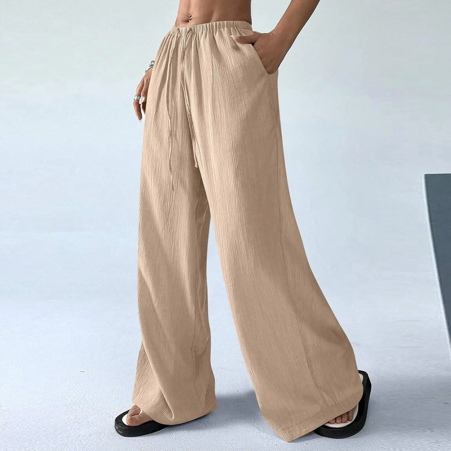 Summer Casual Pants for Women Linen Lightweight Wide Leg Elastic Waist Palazzo Pants Trendy Straight Outfit with Pockets