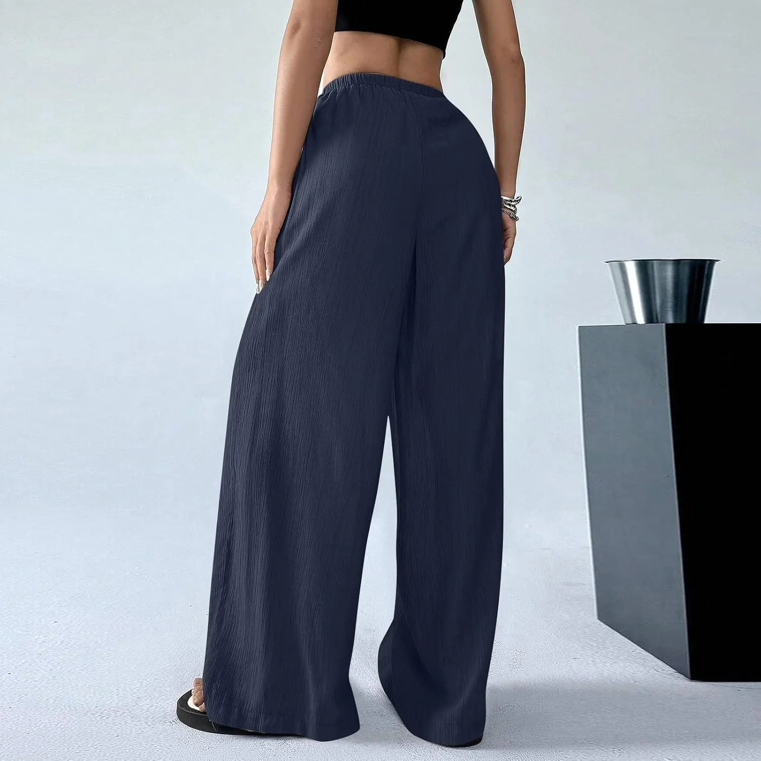 Summer Casual Pants for Women Linen Lightweight Wide Leg Elastic Waist Palazzo Pants Trendy Straight Outfit with Pockets