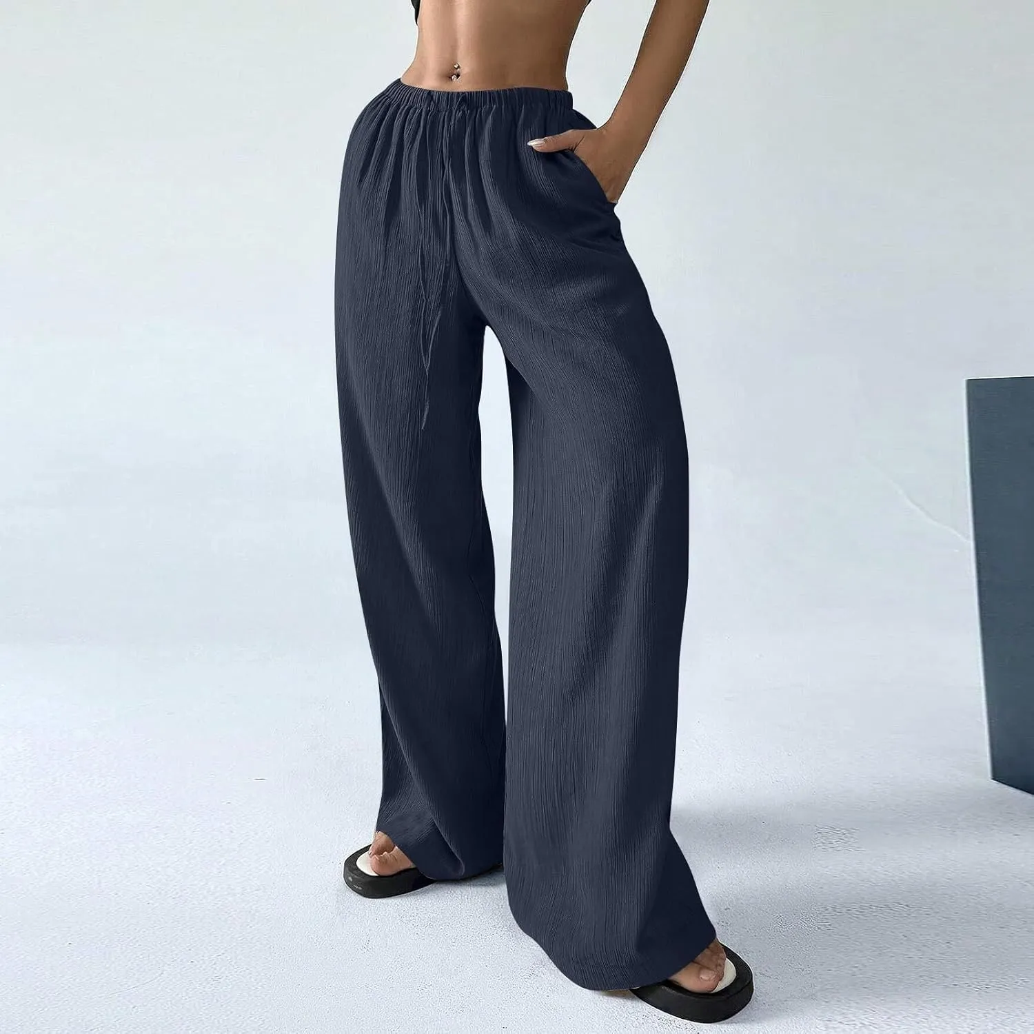 Summer Casual Pants for Women Linen Lightweight Wide Leg Elastic Waist Palazzo Pants Trendy Straight Outfit with Pockets