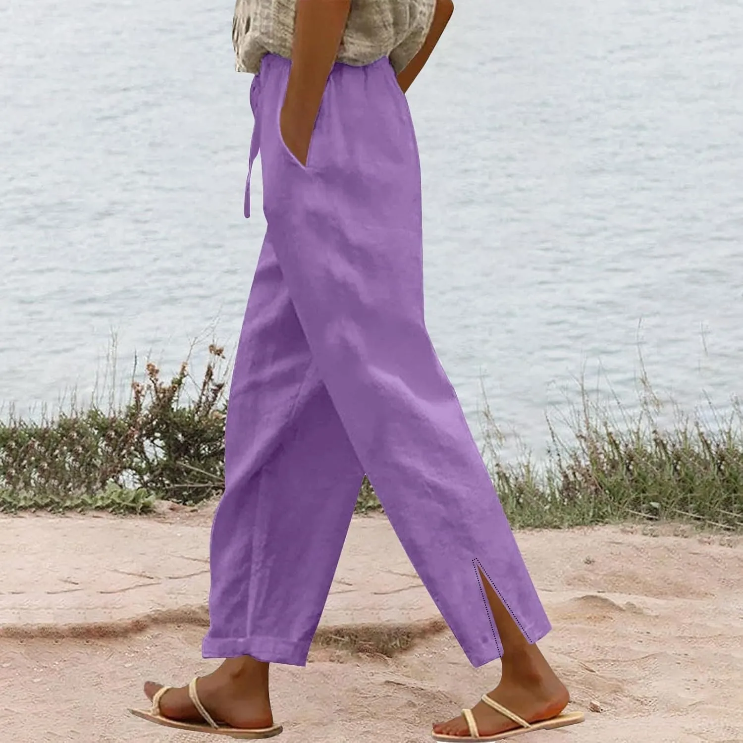 Summer Cotton Linen Pants for Women 2025 Casual Drawstring High Waisted Linen Beach Wide Leg Trousers with Pockets