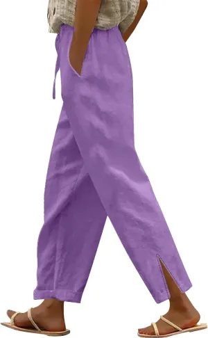 Summer Cotton Linen Pants for Women 2025 Casual Drawstring High Waisted Linen Beach Wide Leg Trousers with Pockets