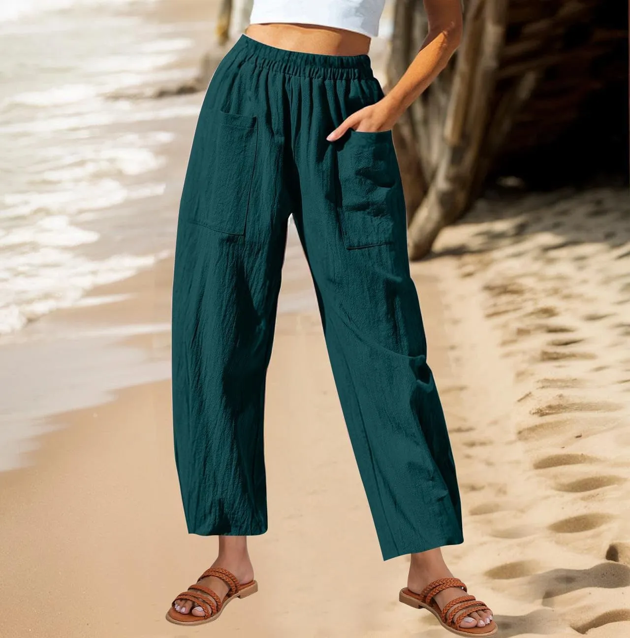 Summer Cotton Linen Pants Women Elastic Waist Straight Pant Wide Leg Beach Trousers Cozy Lightweight Resort Pants