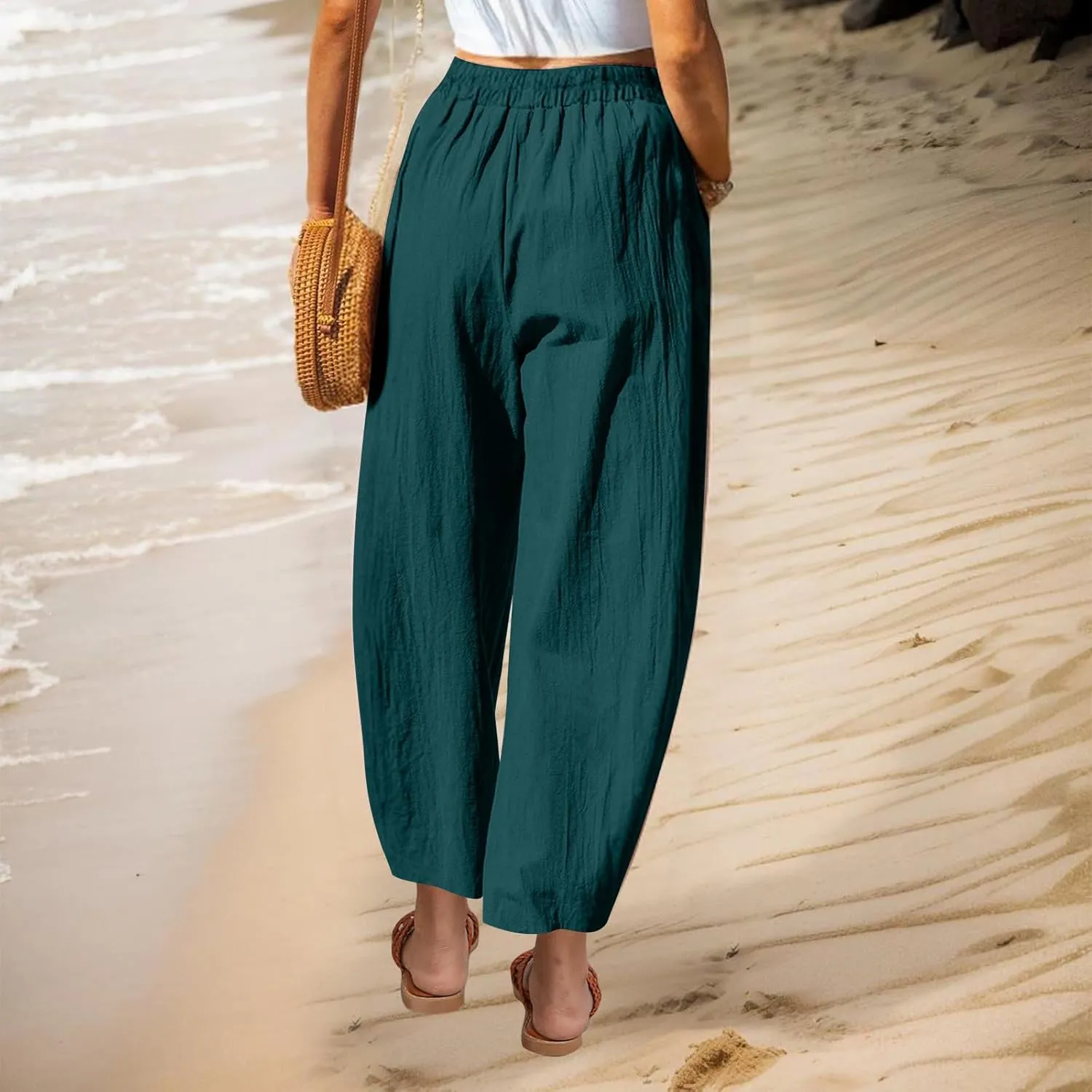 Summer Cotton Linen Pants Women Elastic Waist Straight Pant Wide Leg Beach Trousers Cozy Lightweight Resort Pants