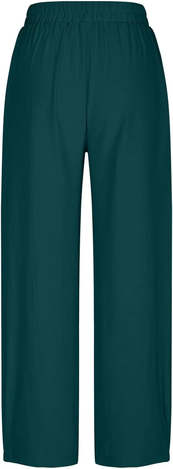Summer Cotton Linen Pants Women Elastic Waist Straight Pant Wide Leg Beach Trousers Cozy Lightweight Resort Pants