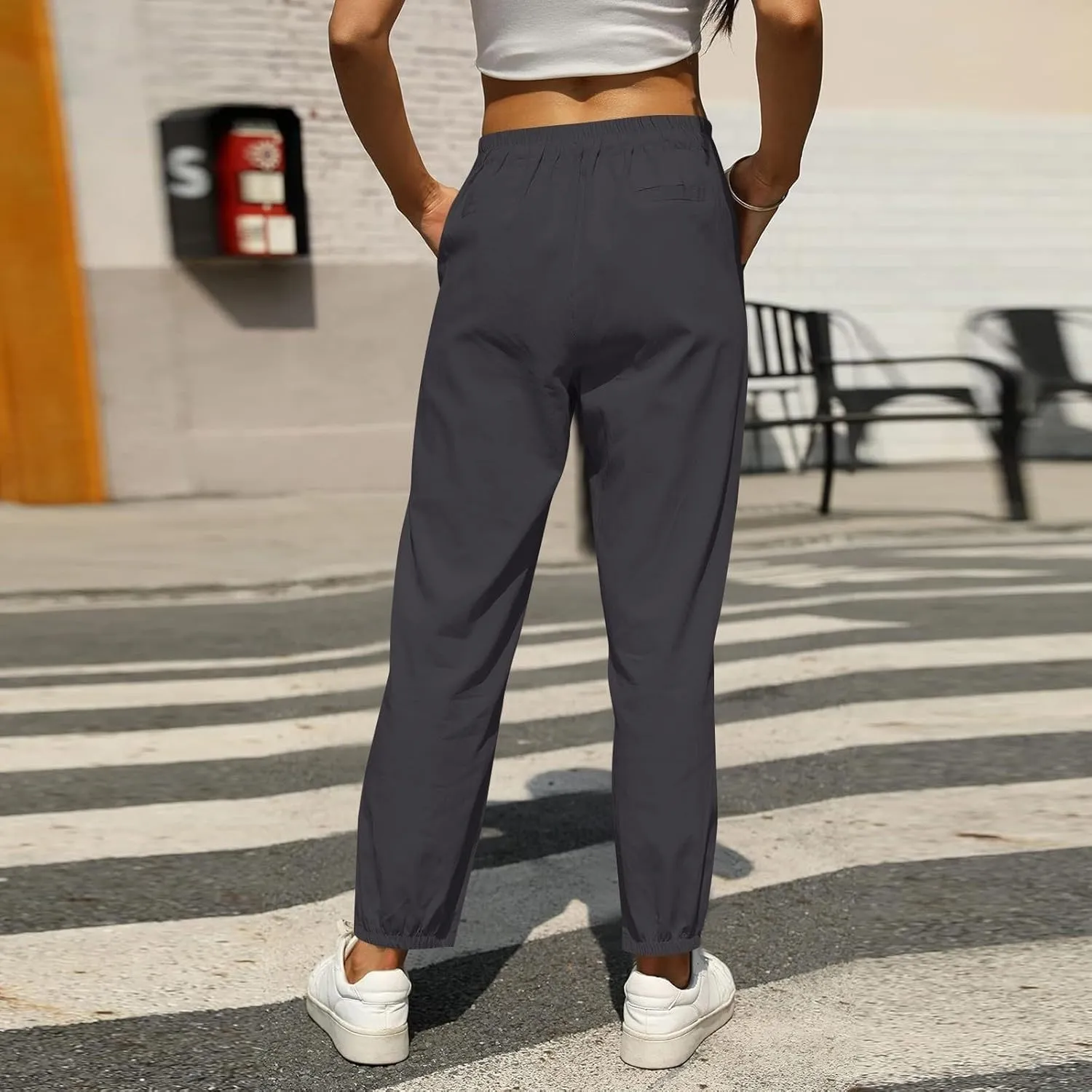 Summer Linen Pants for Women Drawstring Elastic High Waisted Casual Pants Loose Fit Beach Lounge Trousers with Pocket
