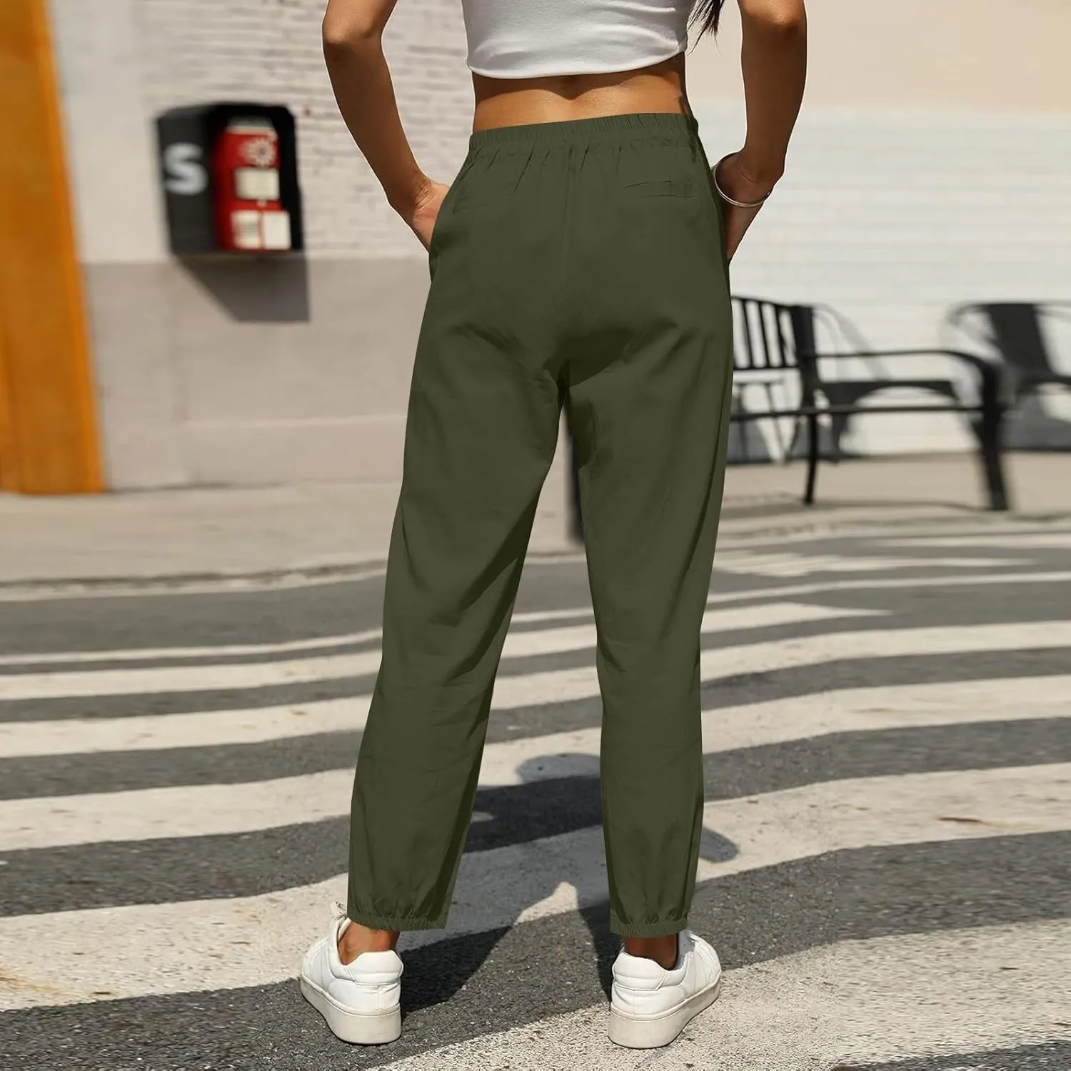 Summer Linen Pants for Women Drawstring Elastic High Waisted Casual Pants Loose Fit Beach Lounge Trousers with Pocket