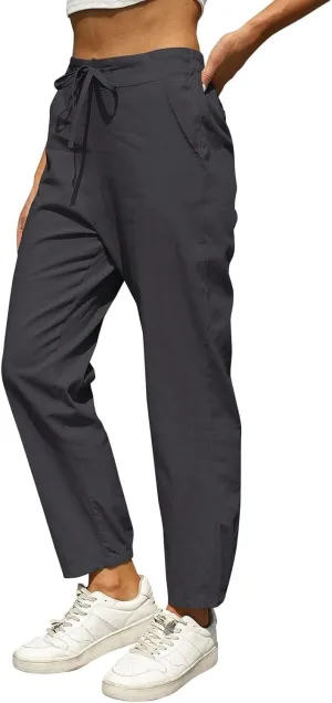 Summer Linen Pants for Women Drawstring Elastic High Waisted Casual Pants Loose Fit Beach Lounge Trousers with Pocket