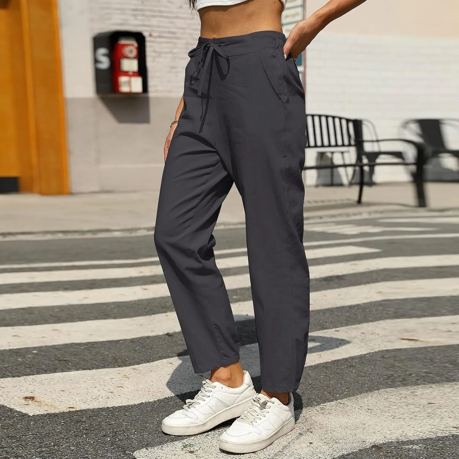 Summer Linen Pants for Women Drawstring Elastic High Waisted Casual Pants Loose Fit Beach Lounge Trousers with Pocket