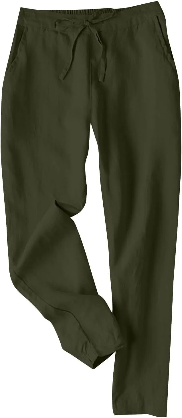 Summer Linen Pants for Women Drawstring Elastic High Waisted Casual Pants Loose Fit Beach Lounge Trousers with Pocket