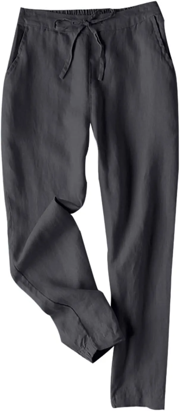 Summer Linen Pants for Women Drawstring Elastic High Waisted Casual Pants Loose Fit Beach Lounge Trousers with Pocket