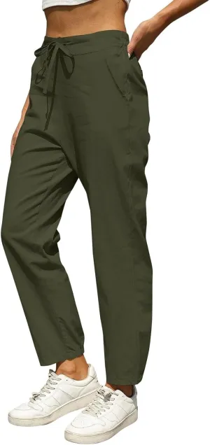 Summer Linen Pants for Women Drawstring Elastic High Waisted Casual Pants Loose Fit Beach Lounge Trousers with Pocket
