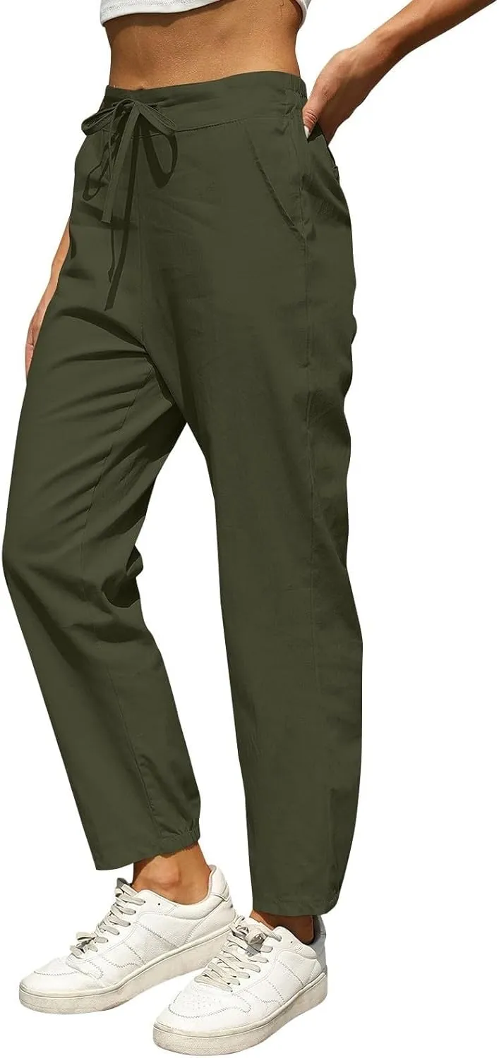 Summer Linen Pants for Women Drawstring Elastic High Waisted Casual Pants Loose Fit Beach Lounge Trousers with Pocket