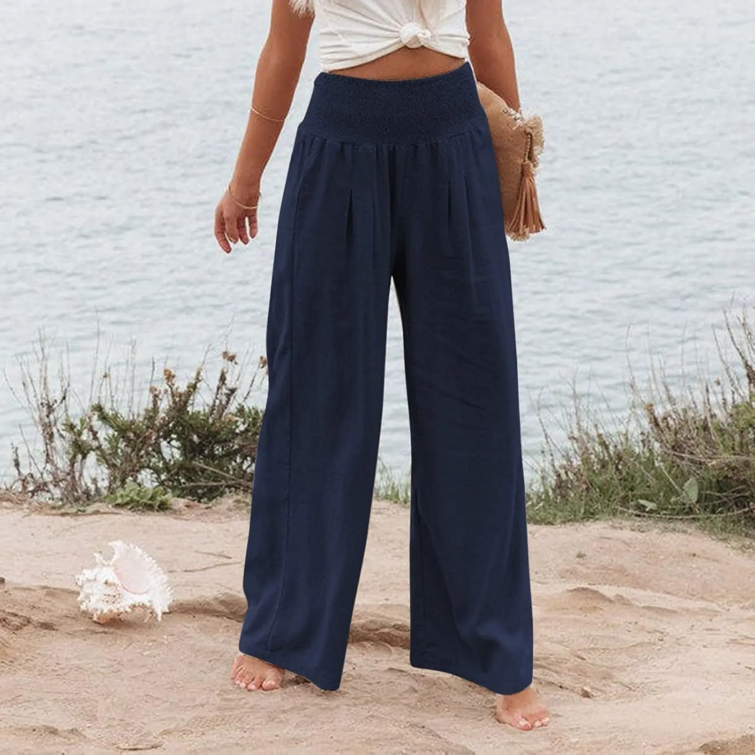 Summer Linen Pants for Women Lounge Lightweight Drawstring Loose Casual Linen Outfits Women