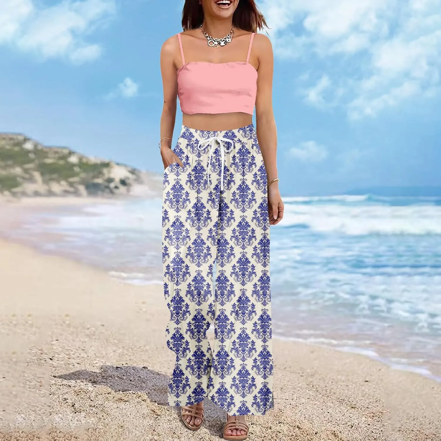 Summer Womens Pants Elastic Waist Dressy Lounge Wide Leg High Waist Palazzo Pants Vintage Side Slit Straight Leg Clothes