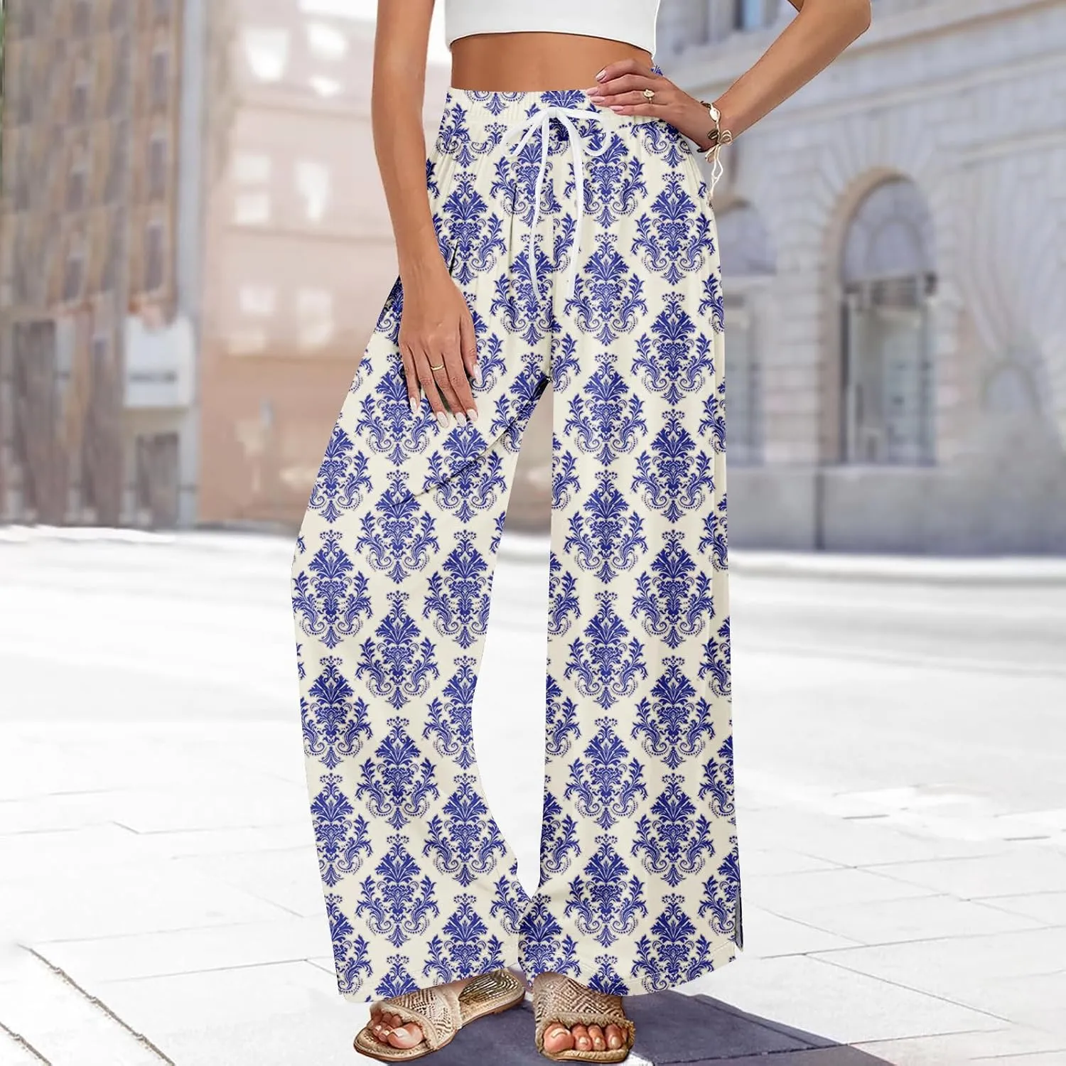 Summer Womens Pants Elastic Waist Dressy Lounge Wide Leg High Waist Palazzo Pants Vintage Side Slit Straight Leg Clothes