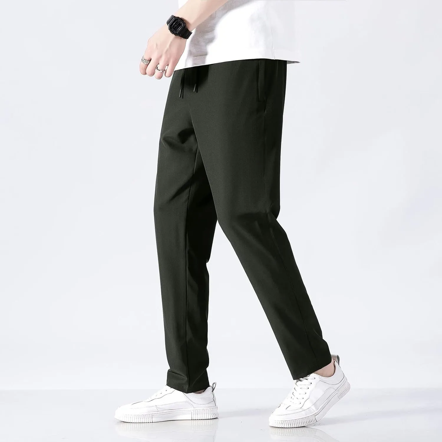 Sweatpants for Men Slim Fit Ice Silk Quick Drying Hiking Pants Lightweight Drawstring Waist Loose Straight Trousers
