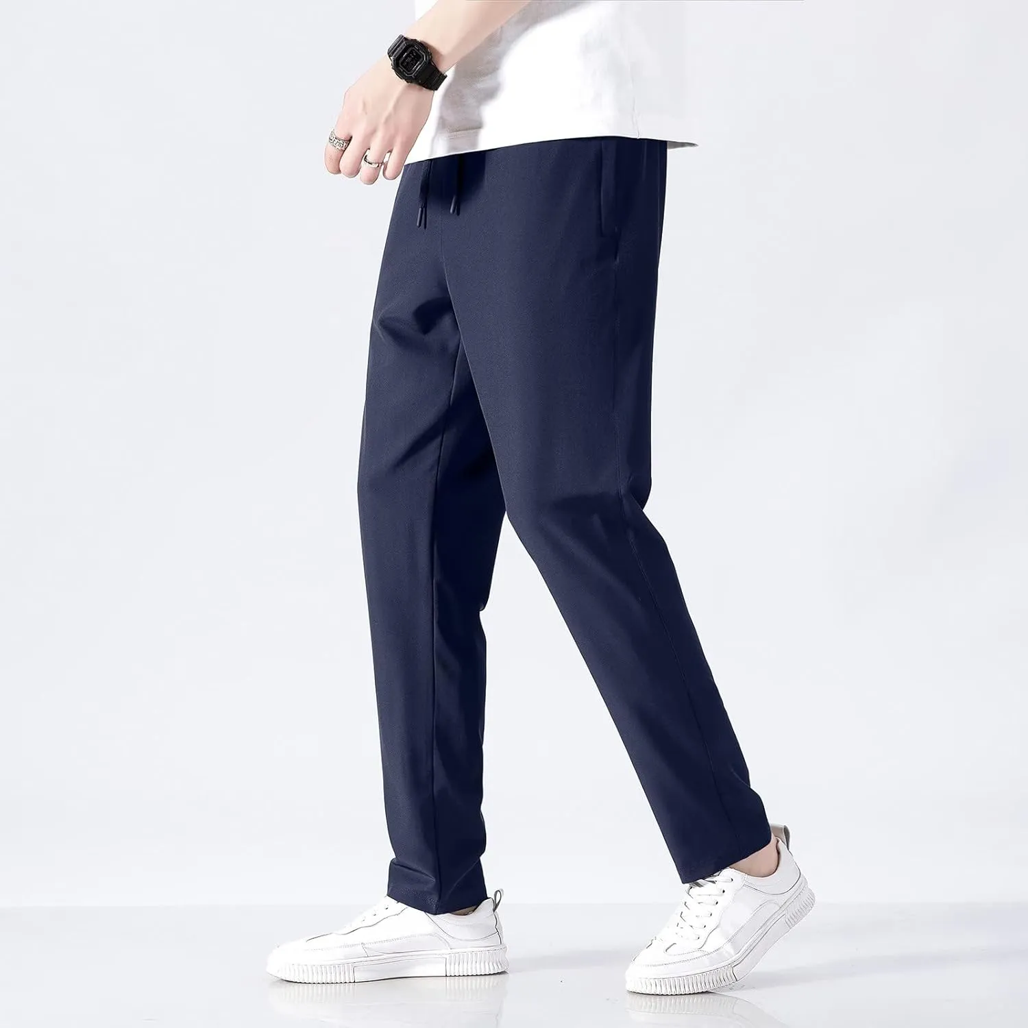 Sweatpants for Men Slim Fit Ice Silk Quick Drying Hiking Pants Lightweight Drawstring Waist Loose Straight Trousers