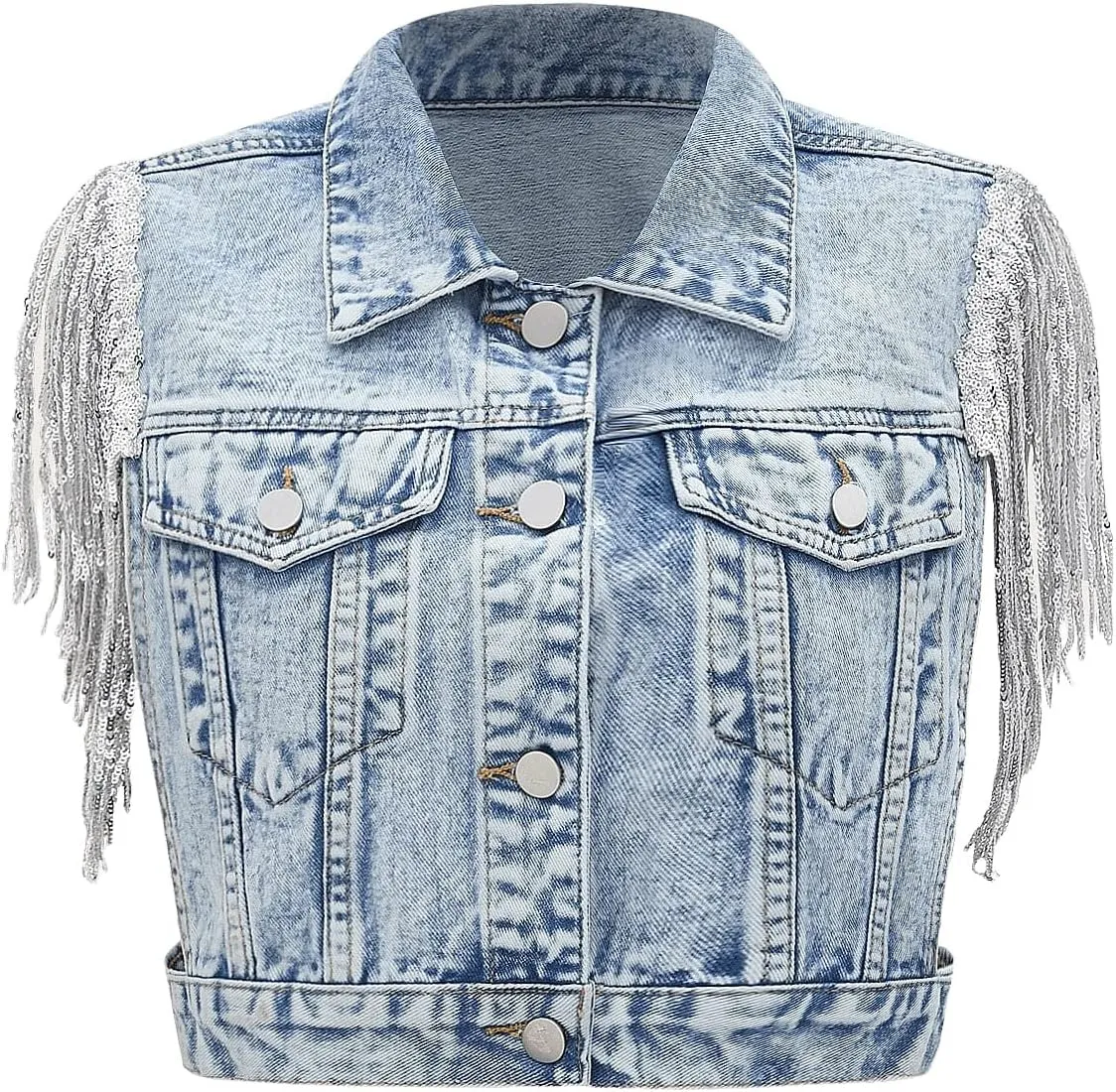 SweatyRocks Women's Fringe Button Down Crop Denim Jacket Sleeveless Collared Jean Coats