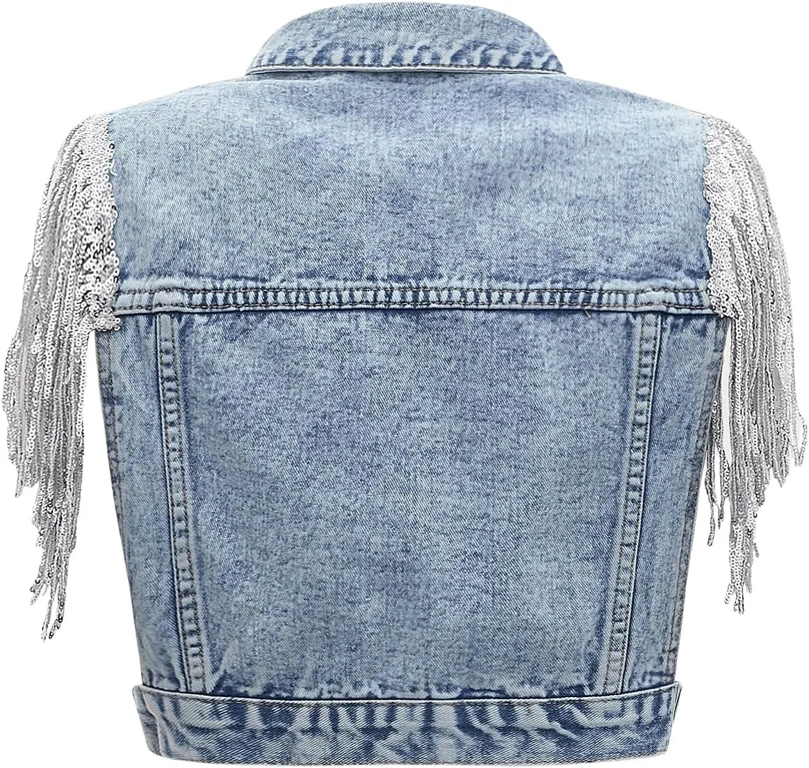SweatyRocks Women's Fringe Button Down Crop Denim Jacket Sleeveless Collared Jean Coats