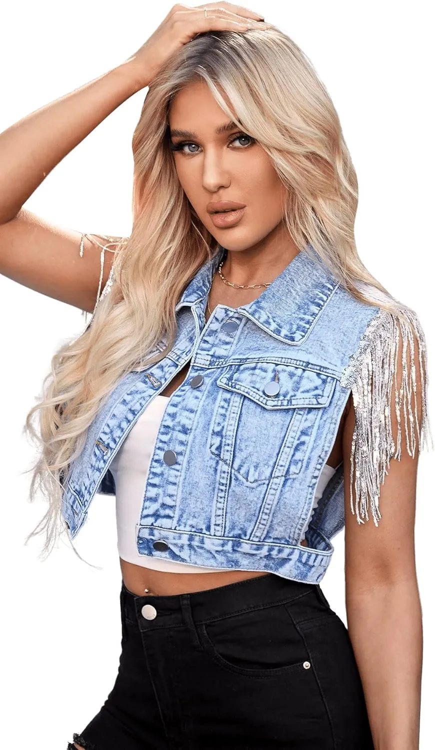 SweatyRocks Women's Fringe Button Down Crop Denim Jacket Sleeveless Collared Jean Coats