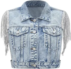 SweatyRocks Women's Fringe Button Down Crop Denim Jacket Sleeveless Collared Jean Coats