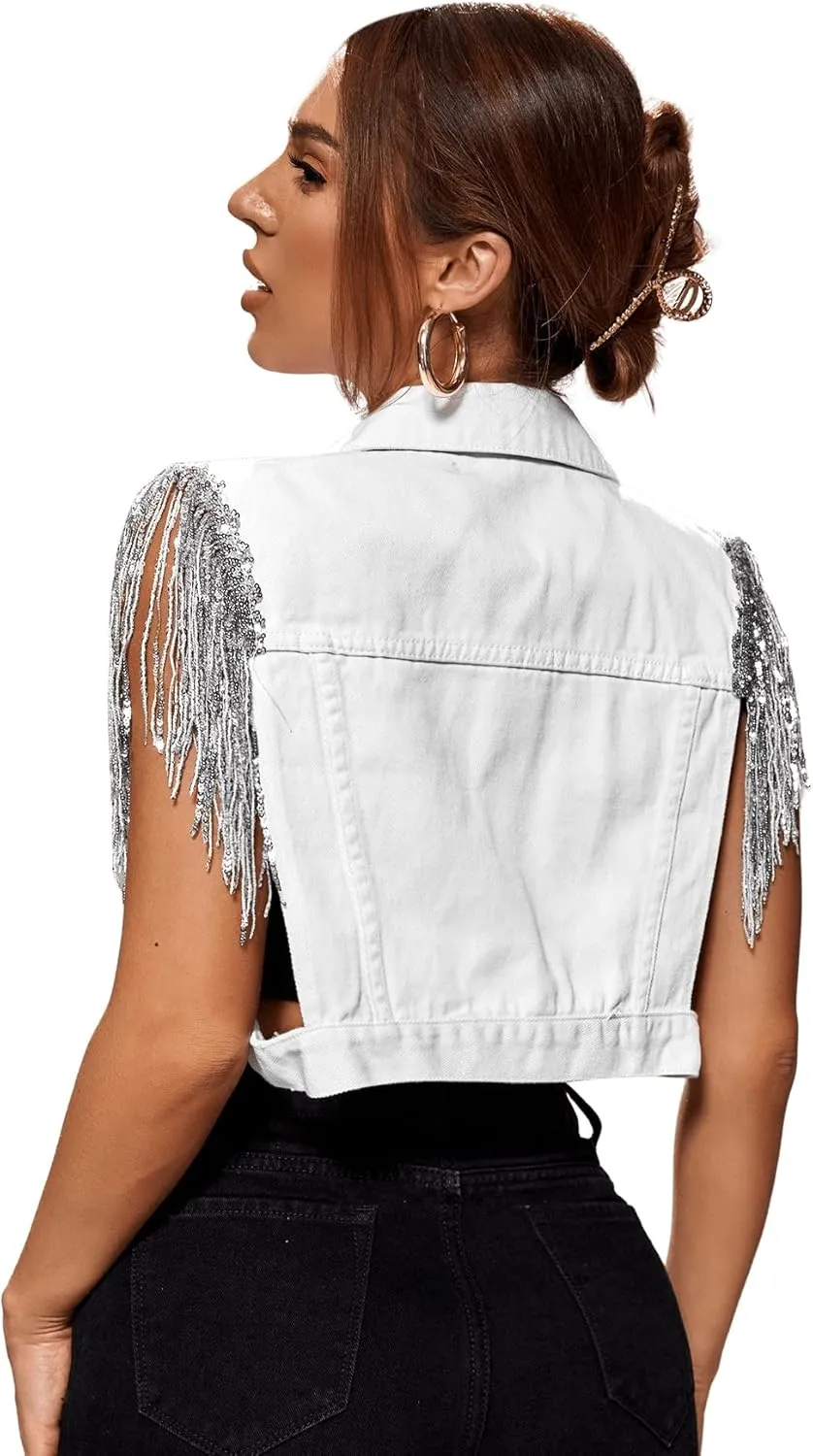 SweatyRocks Women's Fringe Button Down Crop Denim Jacket Sleeveless Collared Jean Coats