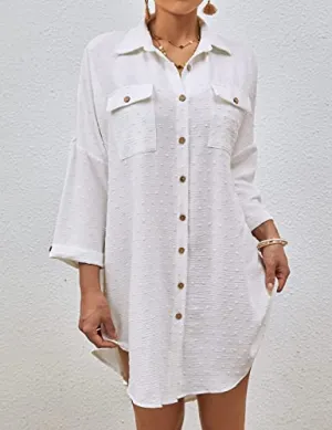 Swiss Dot Long Sleeve Beach Shirt Dress: Women's Cover Up