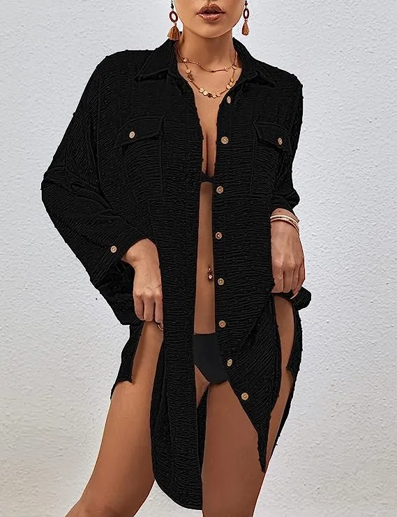 Swiss Dot Long Sleeve Beach Shirt Dress: Women's Cover Up