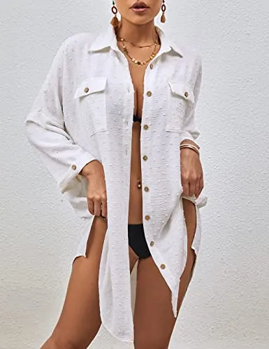 Swiss Dot Long Sleeve Beach Shirt Dress: Women's Cover Up