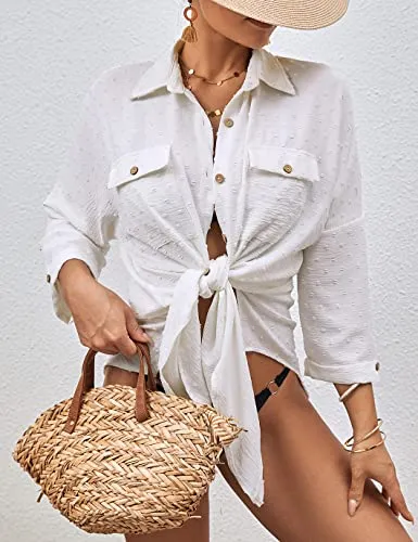 Swiss Dot Long Sleeve Beach Shirt Dress: Women's Cover Up