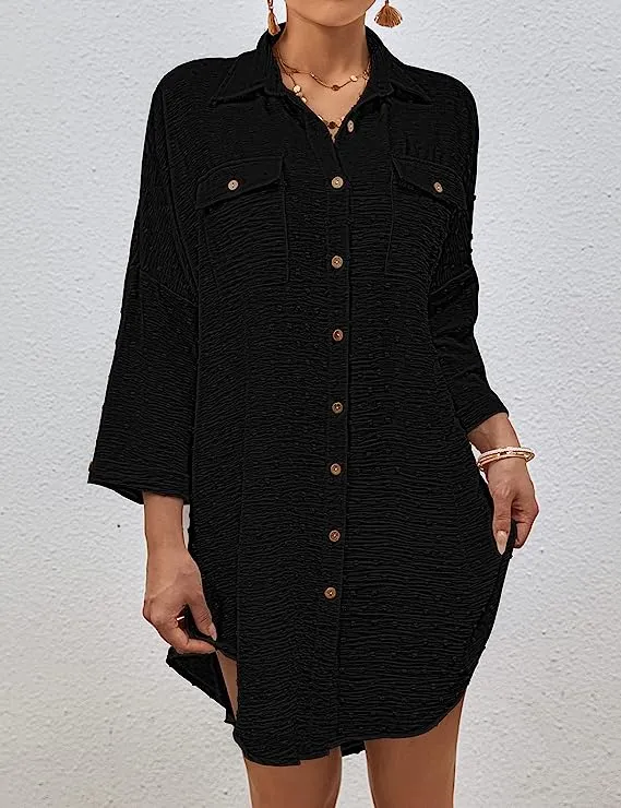 Swiss Dot Long Sleeve Beach Shirt Dress: Women's Cover Up