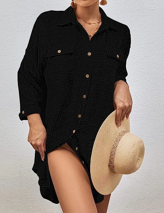 Swiss Dot Long Sleeve Beach Shirt Dress: Women's Cover Up
