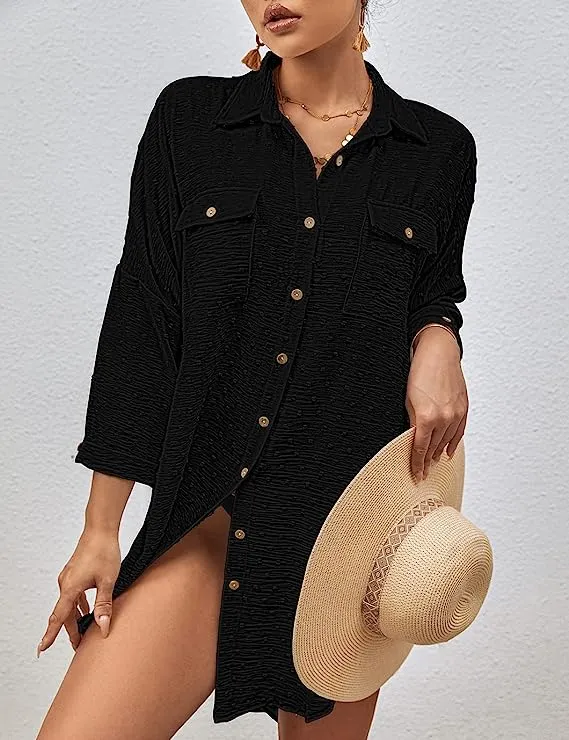 Swiss Dot Long Sleeve Beach Shirt Dress: Women's Cover Up