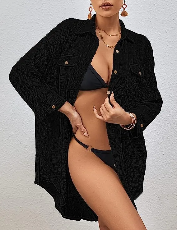 Swiss Dot Long Sleeve Beach Shirt Dress: Women's Cover Up