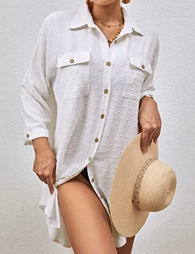 Swiss Dot Long Sleeve Beach Shirt Dress: Women's Cover Up