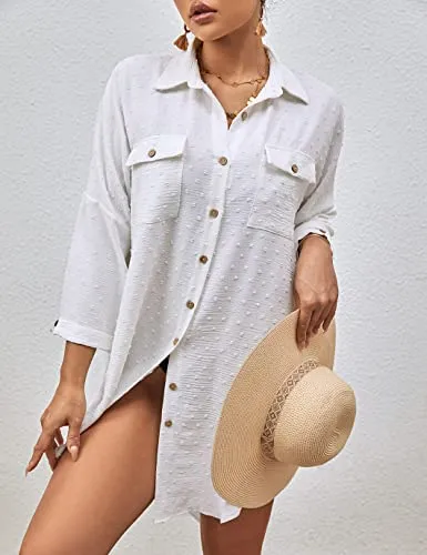 Swiss Dot Long Sleeve Beach Shirt Dress: Women's Cover Up