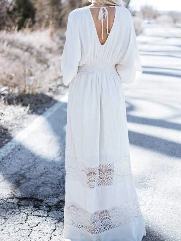 Synthetic Cotton Lace Stitching Blouse Beach Dress