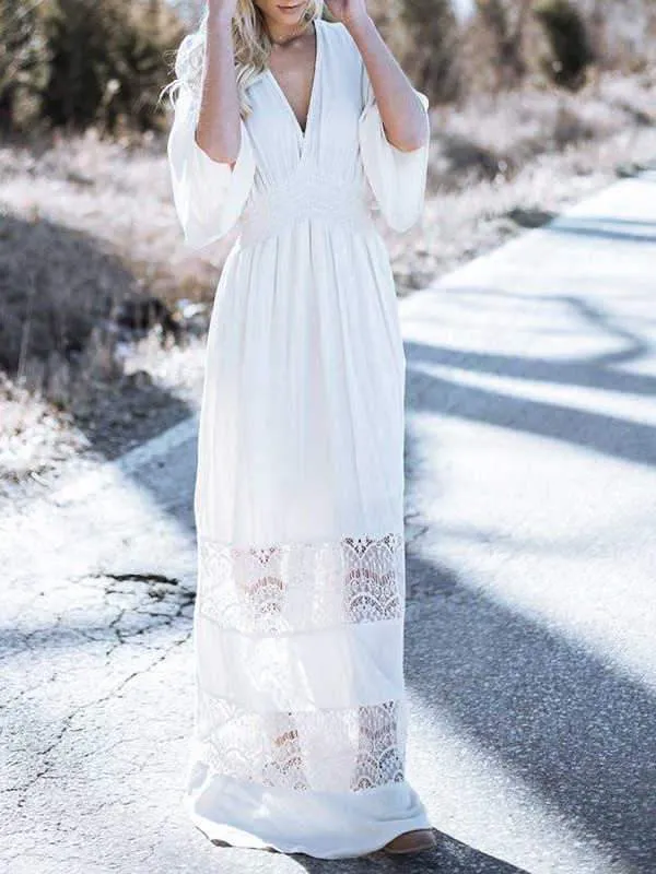 Synthetic Cotton Lace Stitching Blouse Beach Dress