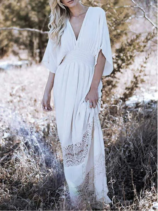 Synthetic Cotton Lace Stitching Blouse Beach Dress