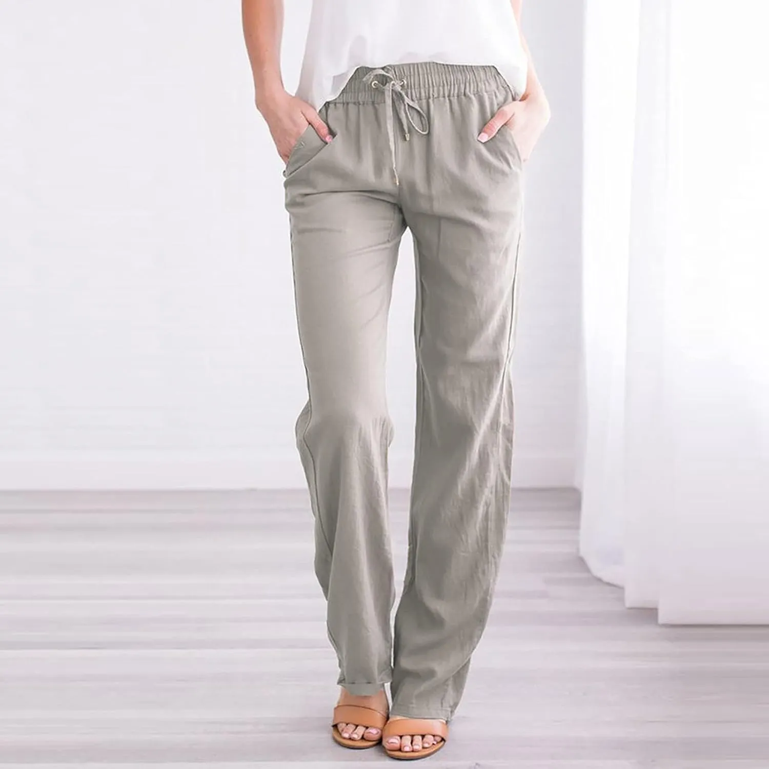 TARIENDY Cozy Pants Women High Waisted Women's Elastic Drawstring Trousers Straight Wide Leg Outfits Summer Casual Pants