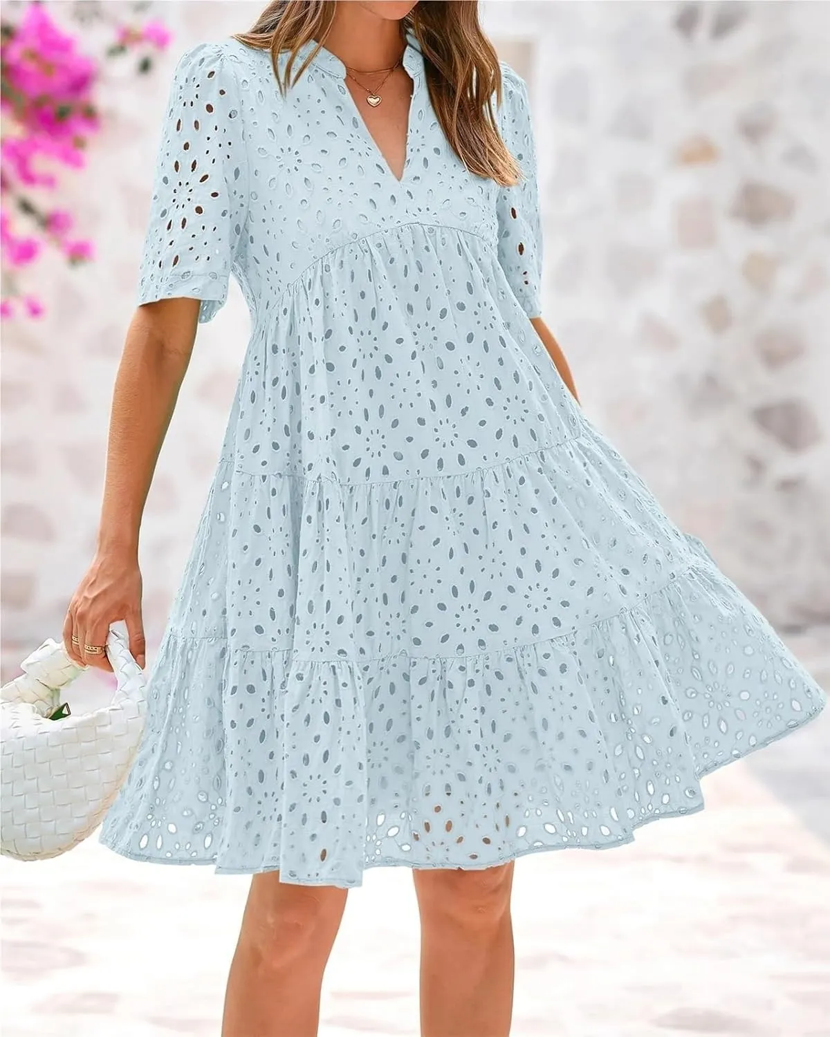 The Beauty North Eyelet Dress, Ruffle Floral Eyelets Dresses for Women, Elegant Hollow Out Lace Ruffle Casual Mini Dress