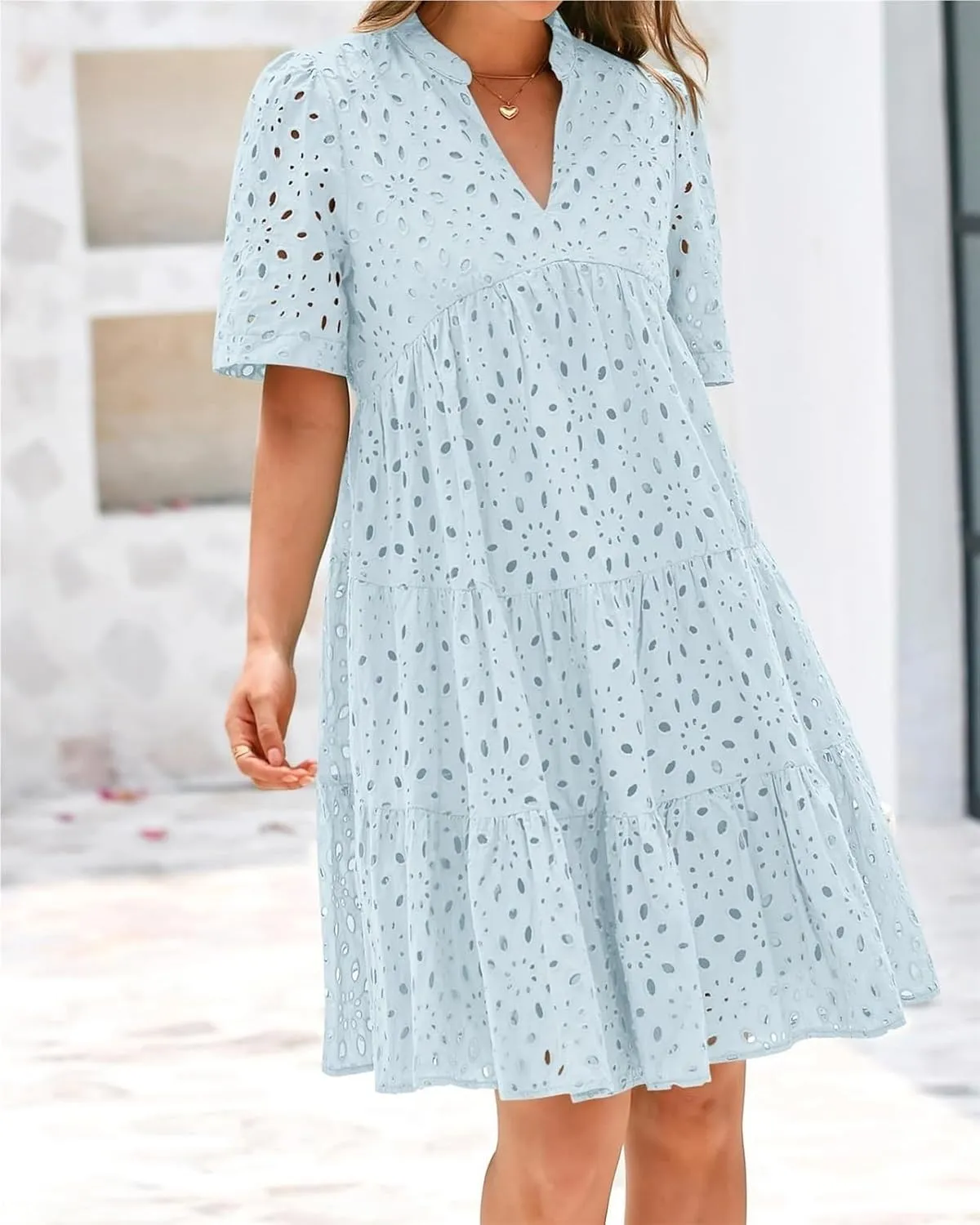 The Beauty North Eyelet Dress, Ruffle Floral Eyelets Dresses for Women, Elegant Hollow Out Lace Ruffle Casual Mini Dress