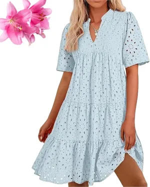 The Beauty North Eyelet Dress, Ruffle Floral Eyelets Dresses for Women, Elegant Hollow Out Lace Ruffle Casual Mini Dress