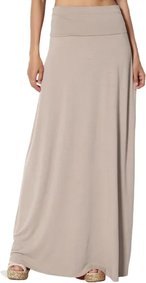 TheMogan Women's Casual Lounge Solid Foldable High Waist Draped Jersey Relaxed Long Maxi Skirt