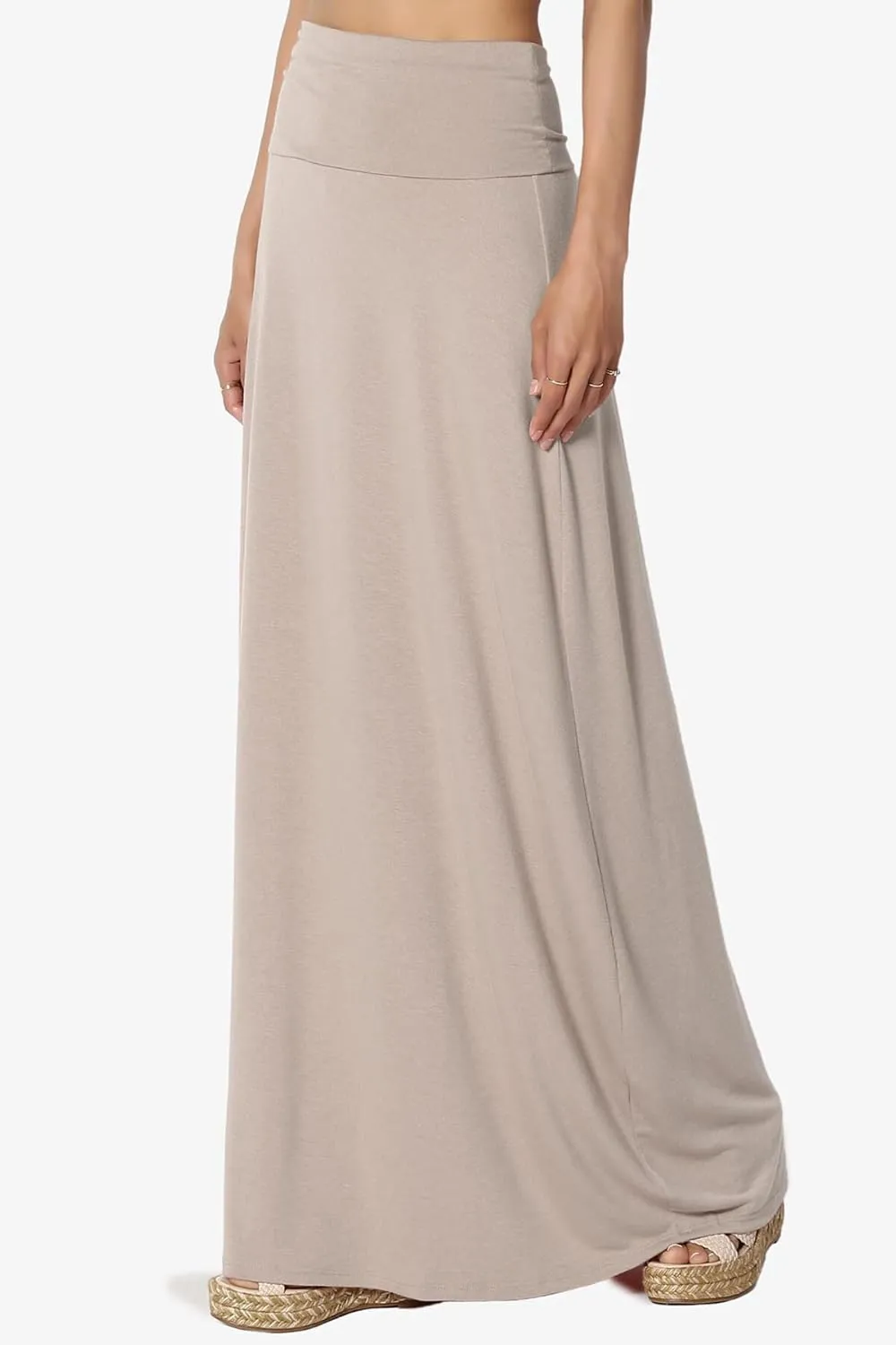 TheMogan Women's Casual Lounge Solid Foldable High Waist Draped Jersey Relaxed Long Maxi Skirt