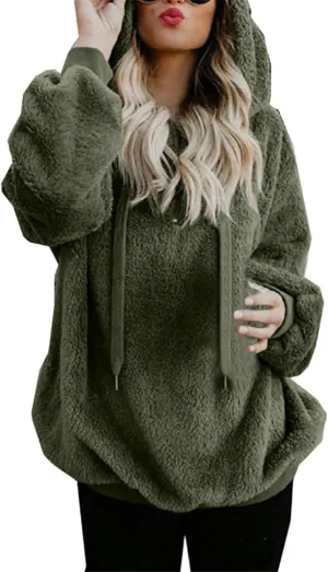 TUNUSKAT Womens Oversized Sherpa Hoodies Fuzzy Fleece Hooded Sweatshirt Winter Cozy Warm Pullover Fluffy Outwear with Pockets