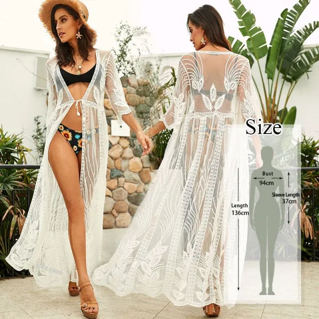 VenusFox Tunics for beach Long Lace Beach Dress Women Swim Cover up Plus size Saida de Praia Robe de Plage Kaftan Beach Cover up #Q959